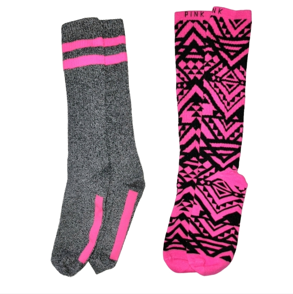 VS Pink 2 Pair Knee High Socks Bundle - Gray/Pink & Black/Pink Tribal Print